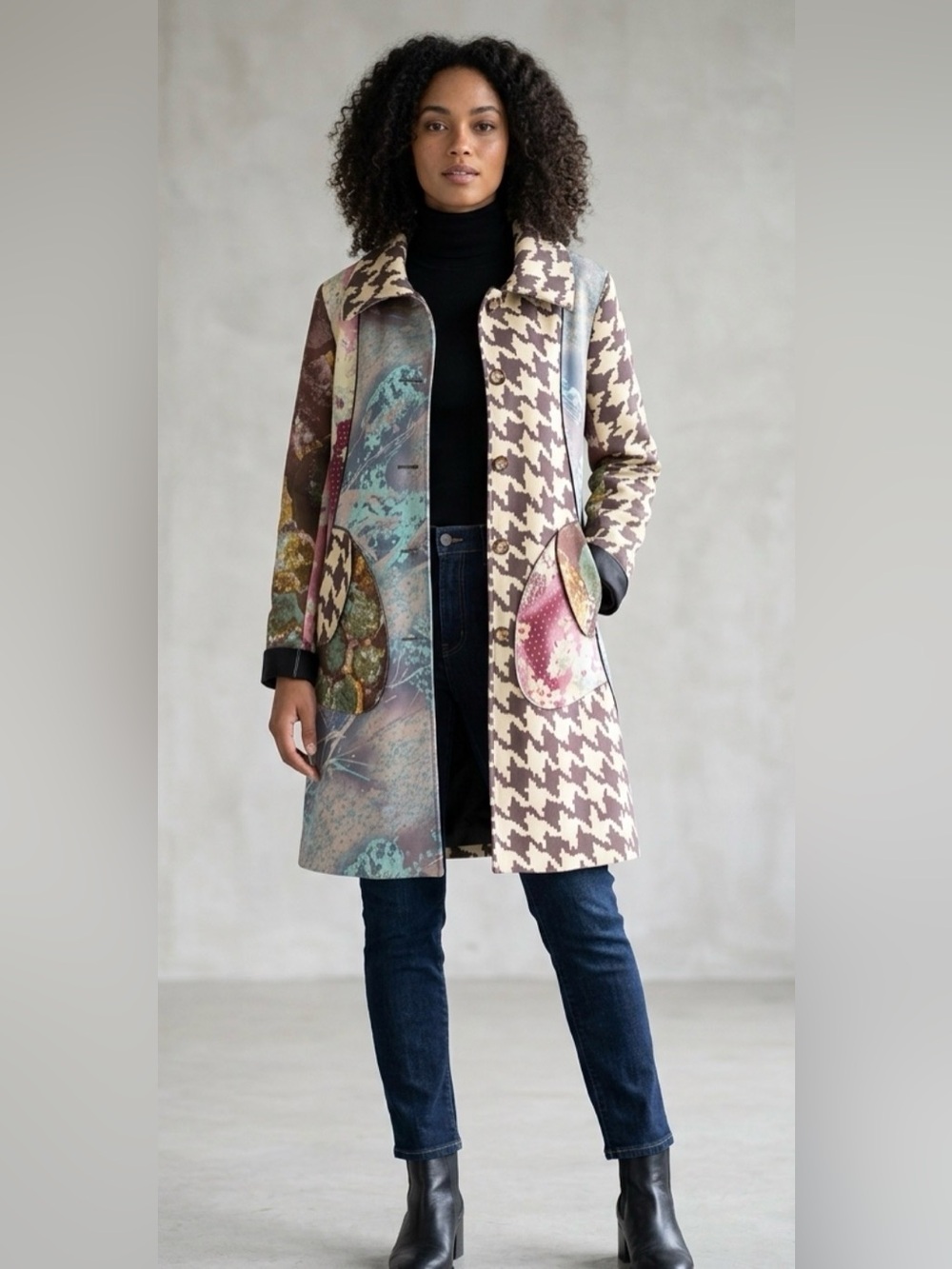 Zashi Mixed Fabric Art To Wear Houndstooth Floral Long Jacket - Medium